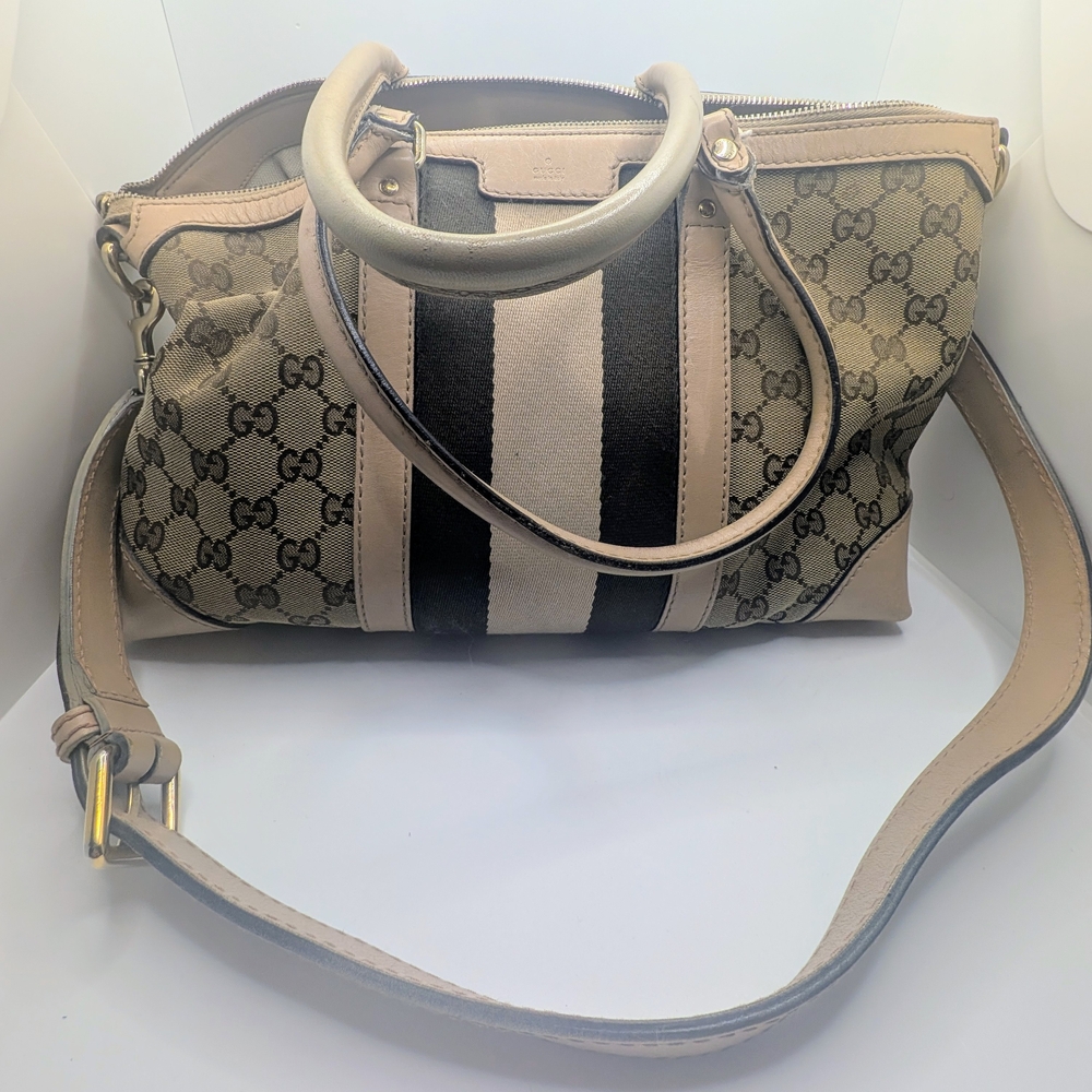💢 Pristine💢 Gucci Beige And Brown Boston Canvas Stripe Satchel - Picture 8 of 9